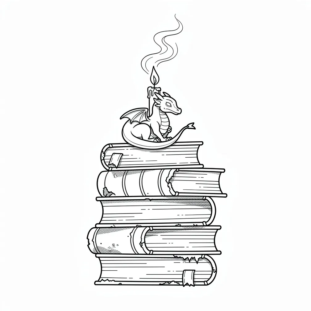 A fine-line stack of books topped by a tiny sleeping dragon curled around a candle with delicate wisps of smoke from its nostrils