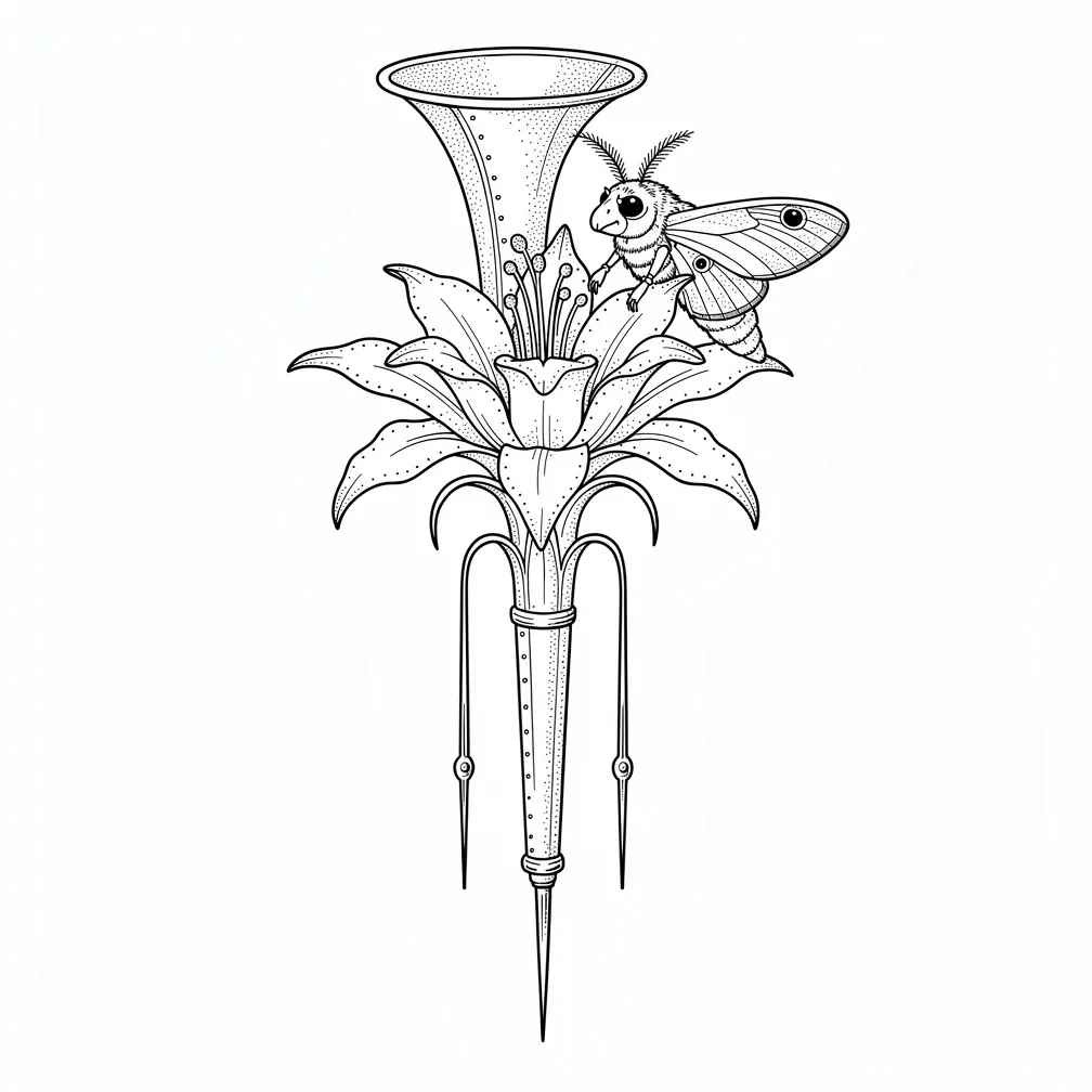 A fine-line antique ear trumpet morphs into a night-blooming cereus, with phonograph-needle stamens and a velvety moth resting on a petal.
