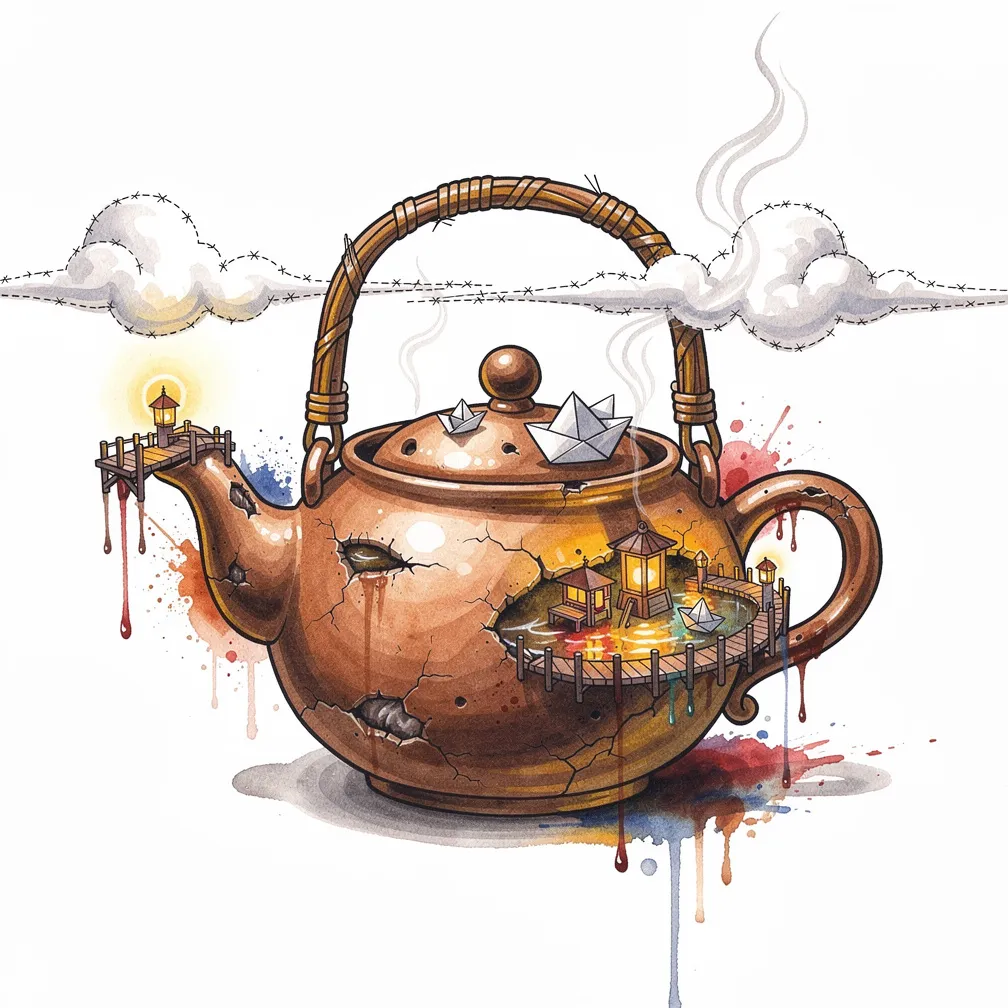 A watercolor weathered clay teapot with crackled glaze, its spout becoming a lamp-lit tiny harbor with origami ships, lantern piers, tea-stain water, and steam as stitched clouds.