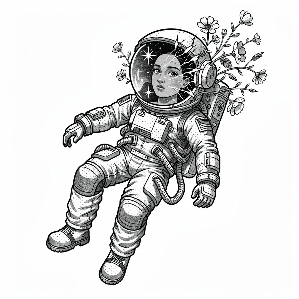 Ilustrativní astronaut pluje ve vesmíru, zatímco z prasklin v hledí přilby rozkvétají plané květiny a ve skle se odrážejí hvězdy.