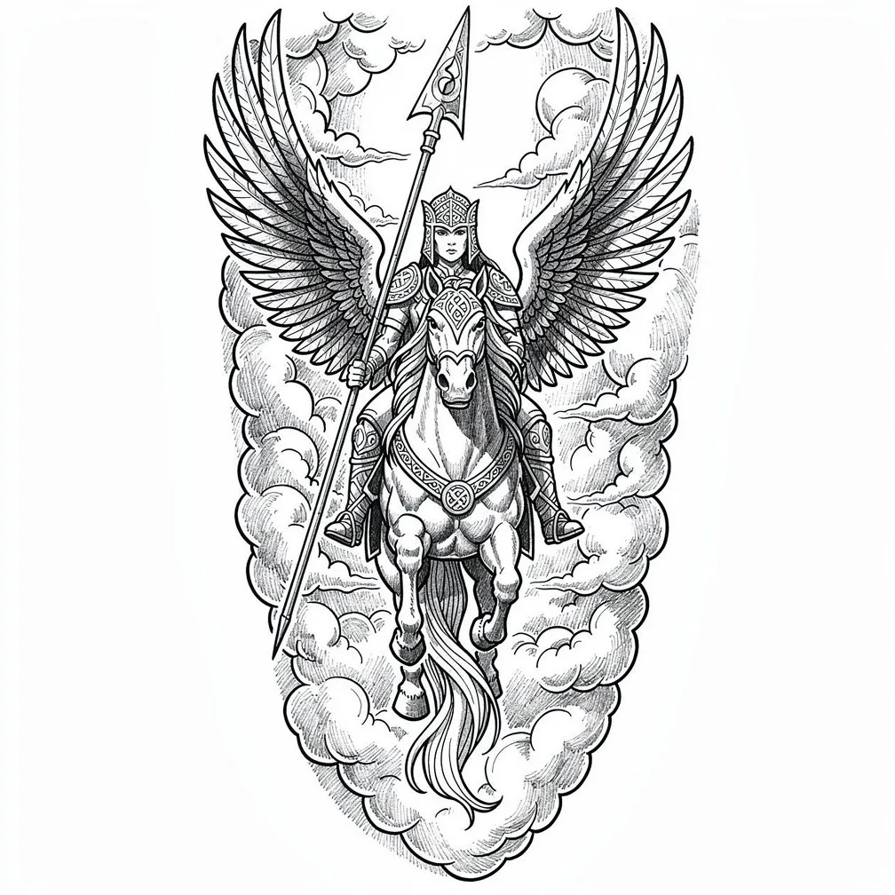 An illustrative Valkyrie on a rearing horse descends from storm clouds, spear raised, with large wings unfurled behind her.