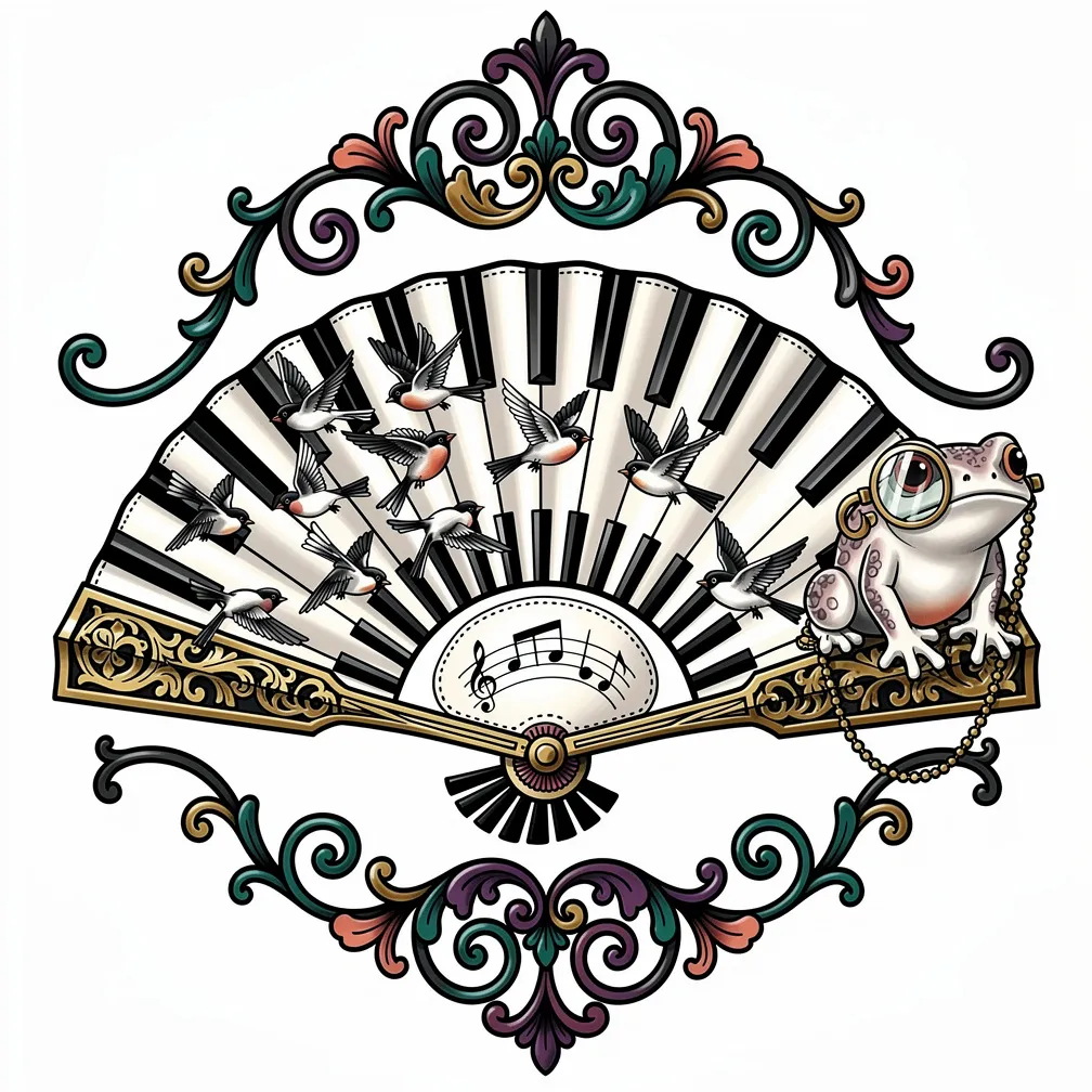 A neo-traditional ornate folding hand-fan with piano-key ribs, gold guards, ink sparrows on silk panels, and a porcelain frog wearing a monocle perched on the guard.