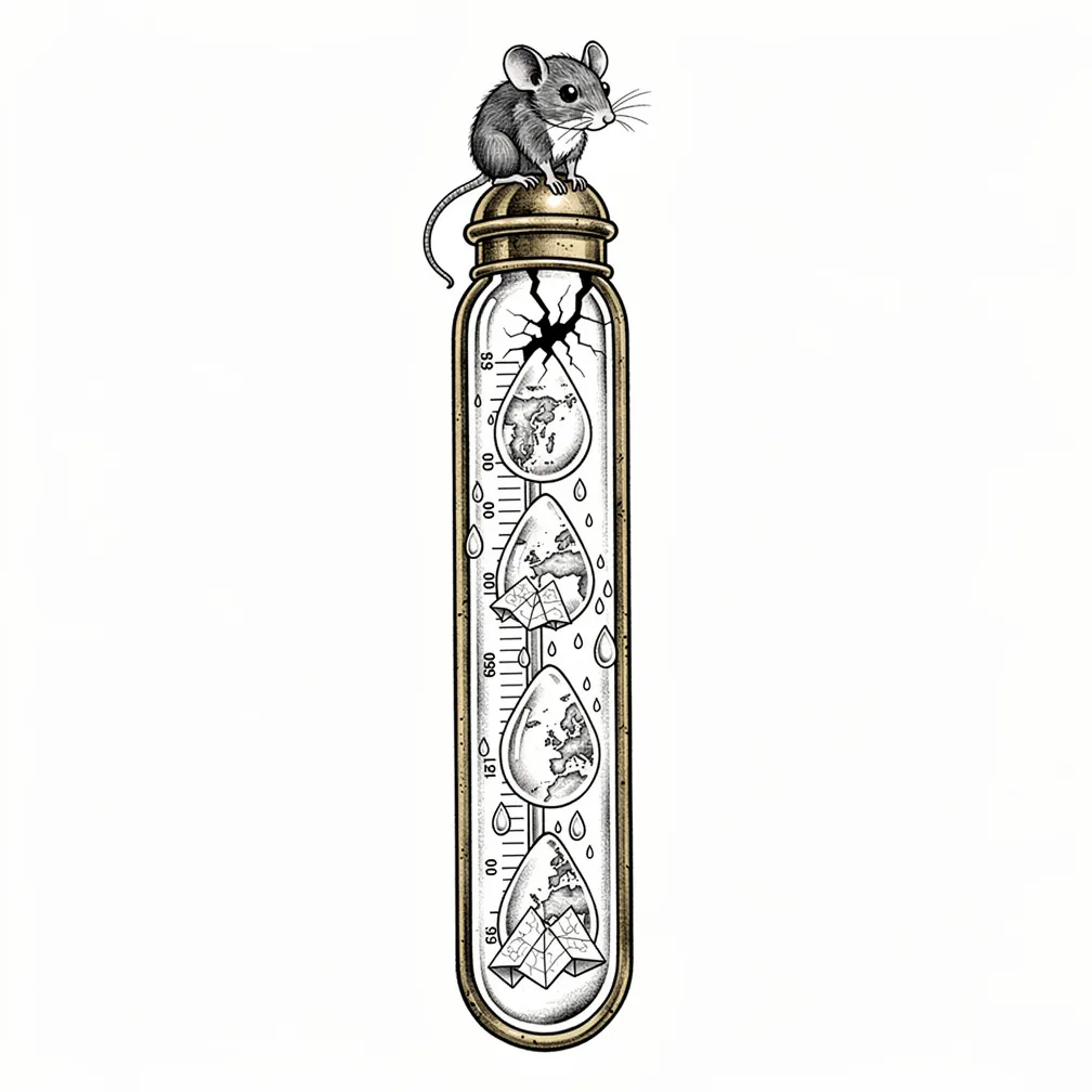 An illustrative antique brass mercury thermometer cracks and spills glass teardrops holding tiny map-islands, topped by a small mariner mouse gazing downward.