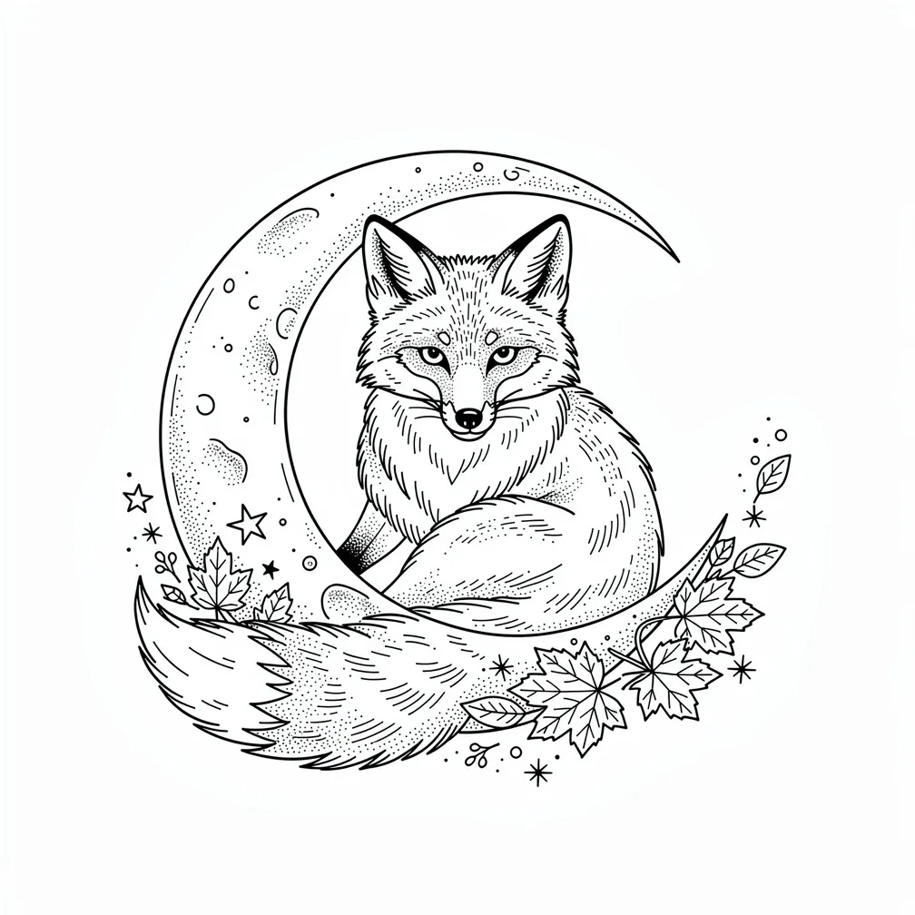 A fine-line fox curled around a crescent moon, its tail dissolving into scattered autumn leaves and tiny stars