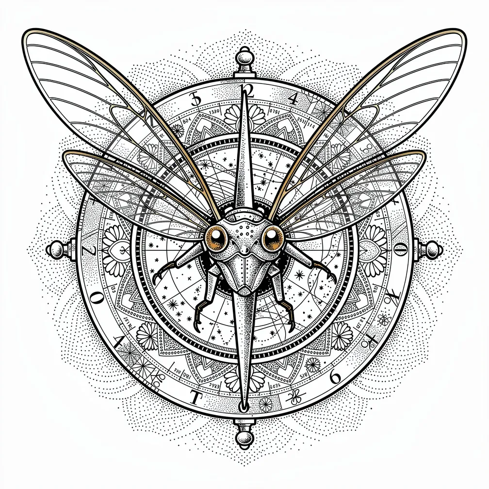 A dotwork antique astrolabe with engraved star charts, its rete replaced by translucent cicada wings and a carved cicada head with amber eyes at the pivot.