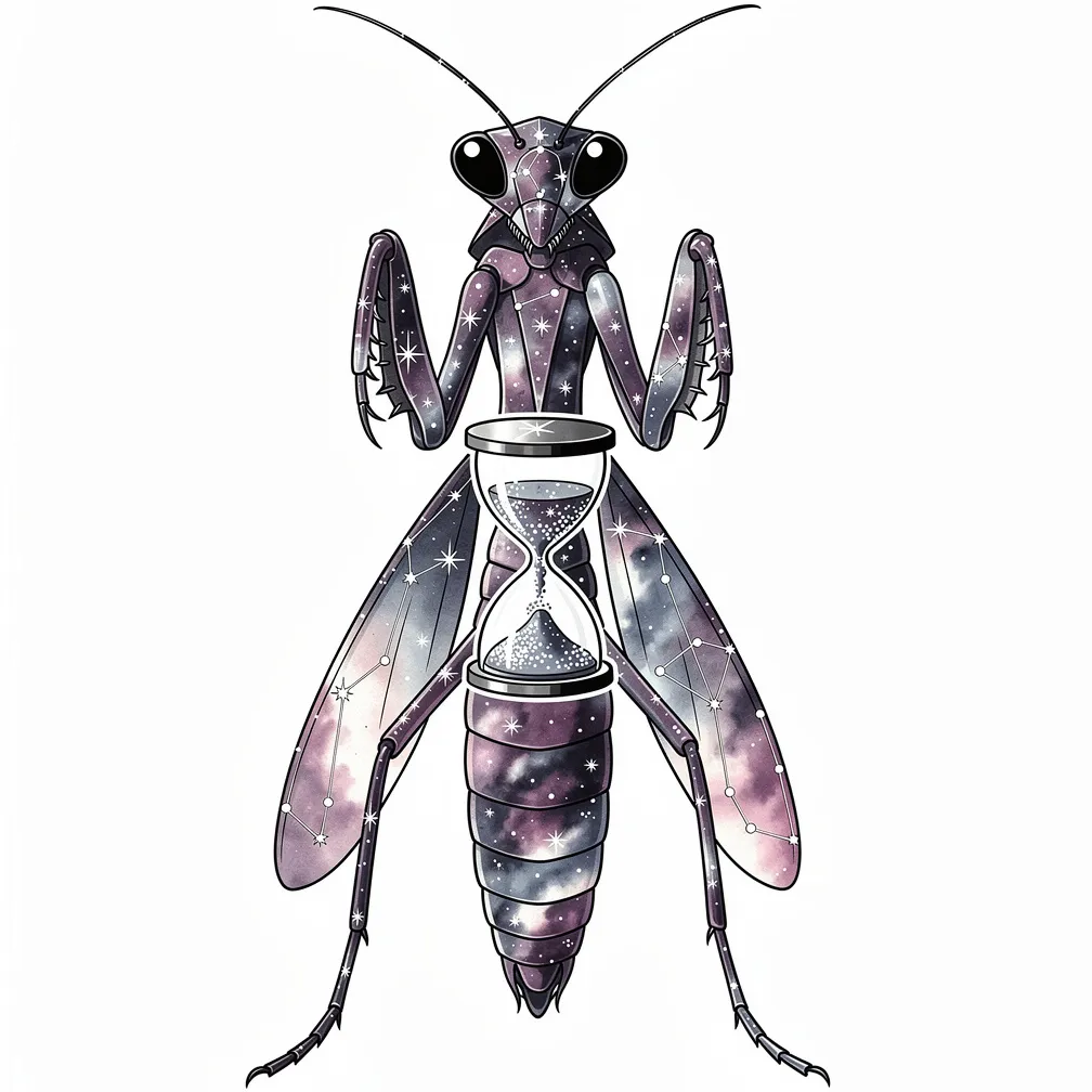 A dotwork praying mantis with a constellation-like body, subtle nebula washes, and folded forelegs holding a tiny glass hourglass with stardust sand.