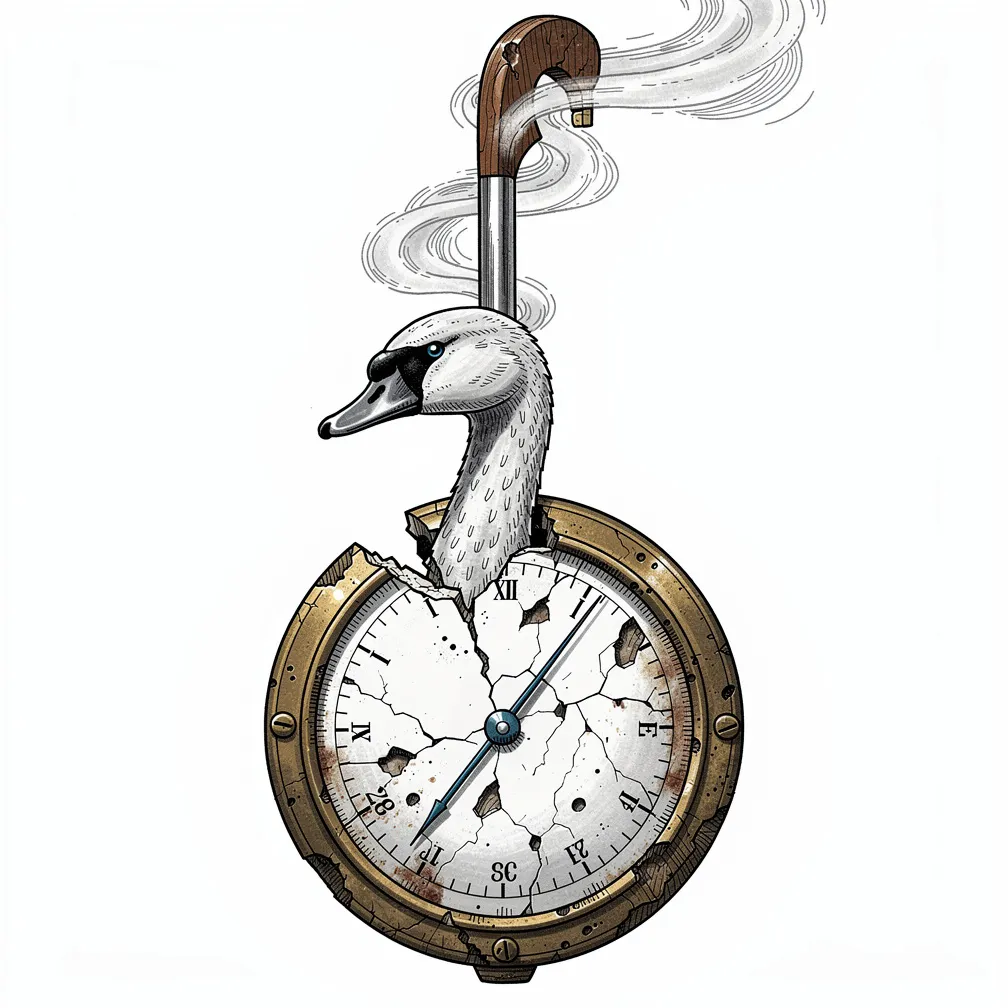 An illustrative weathered brass barometer dial with a swan head at the pivot, its cracked mercury seam rising into a violin bow trailing mist.