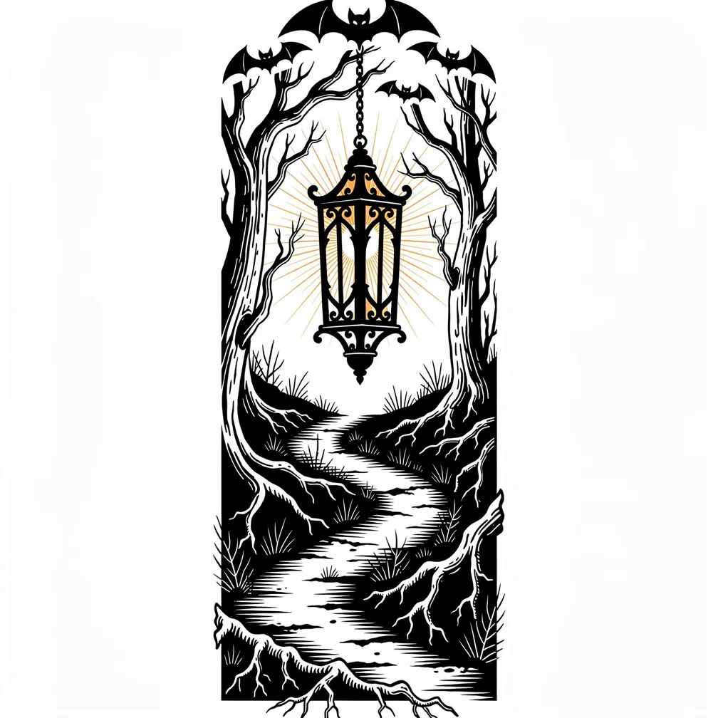 A blackwork dark forest with bare twisted trees, a glowing lantern on a crooked path, and bats flying overhead.