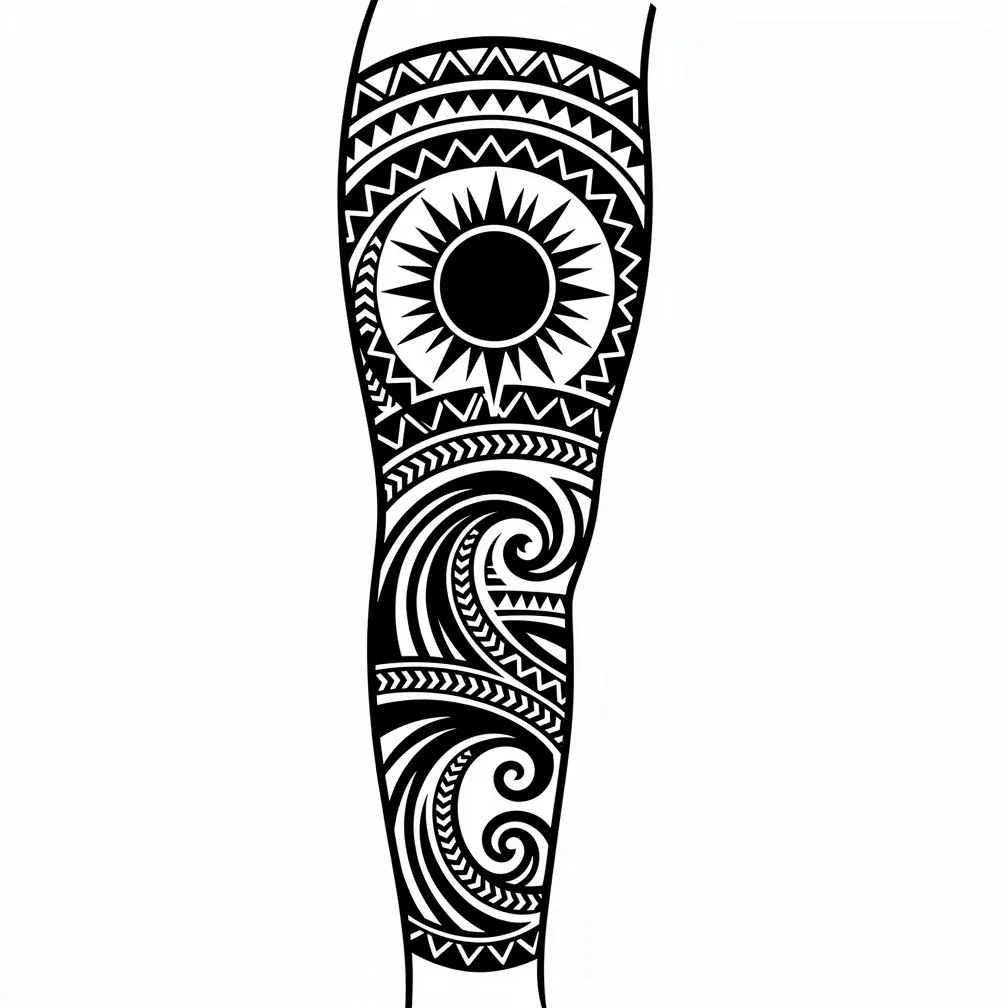 A Polynesian tribal full-sleeve pattern of flowing ocean waves, shark-tooth motifs, and sun symbols in bold blackwork.
