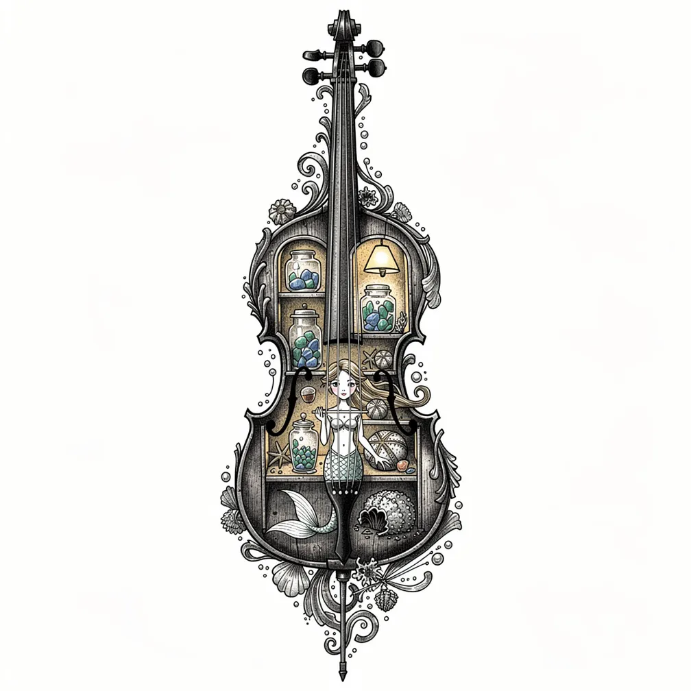 An illustrative antique viola da gamba with f-holes opening into a lamp-lit tidal cabinet of sea-glass jars, star-urchins, and a porcelain-faced mermaid curator.