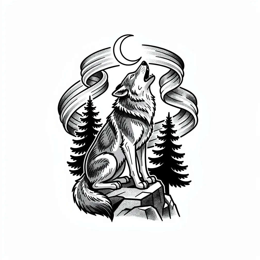 A realistic wolf howling at a crescent moon, framed by pine trees under swirling northern lights in a night sky.