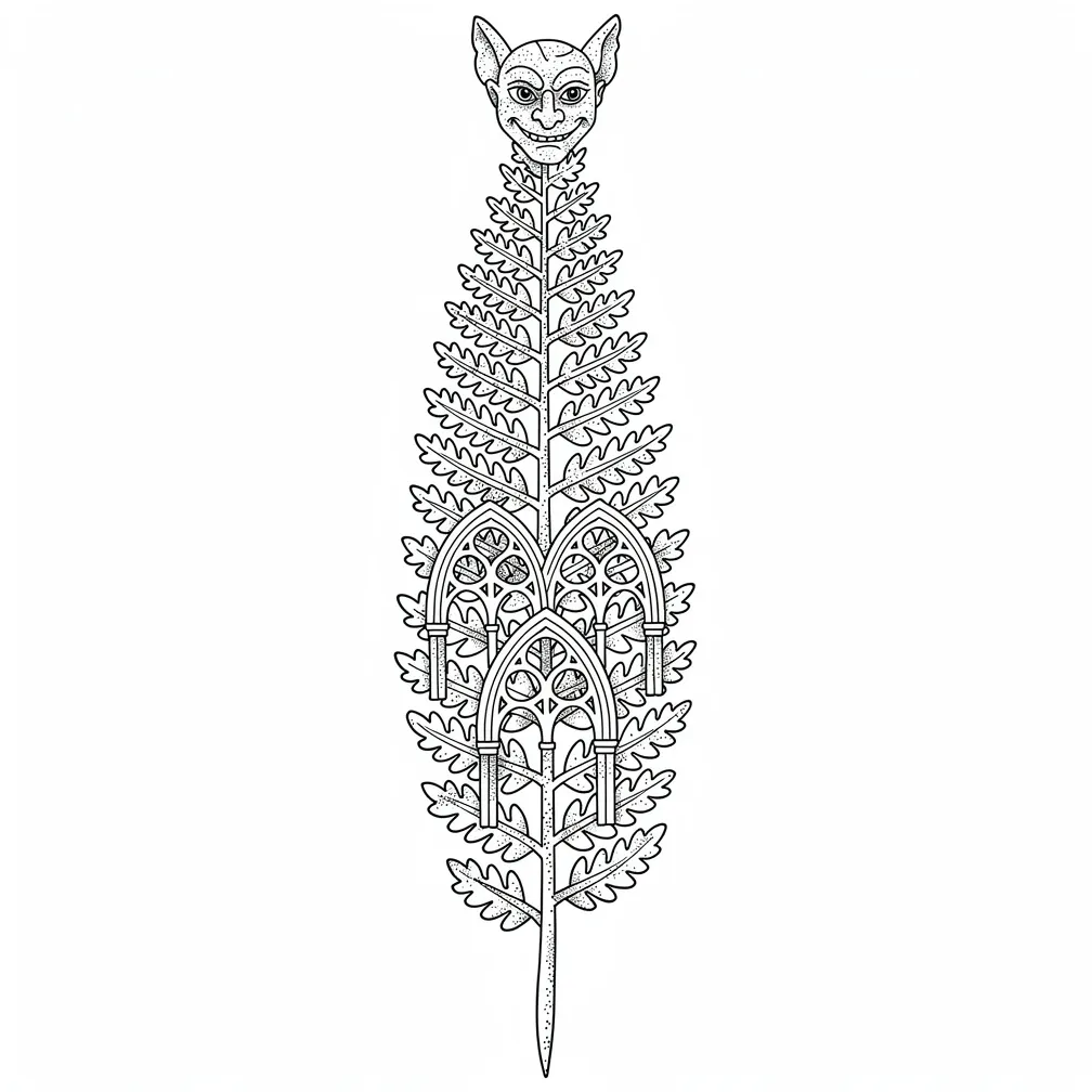 A fine-line pressed fern frond whose leaflets morph into Gothic arches, ending in a tiny weathered gargoyle perched at the tip.
