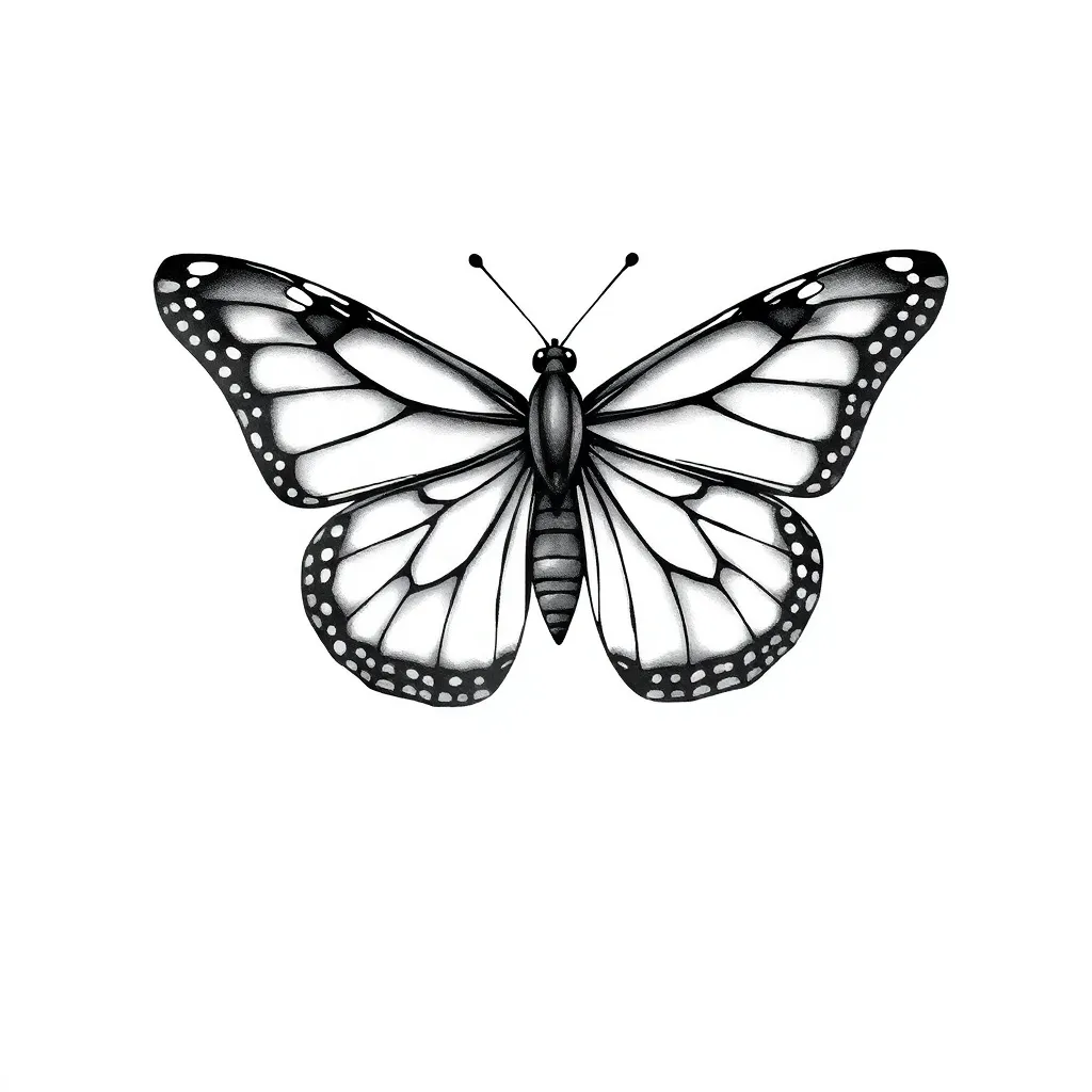 A fine-line monarch butterfly whose right wing transitions into intricate clockwork gears and mechanical parts, blending organic and mechanical details.