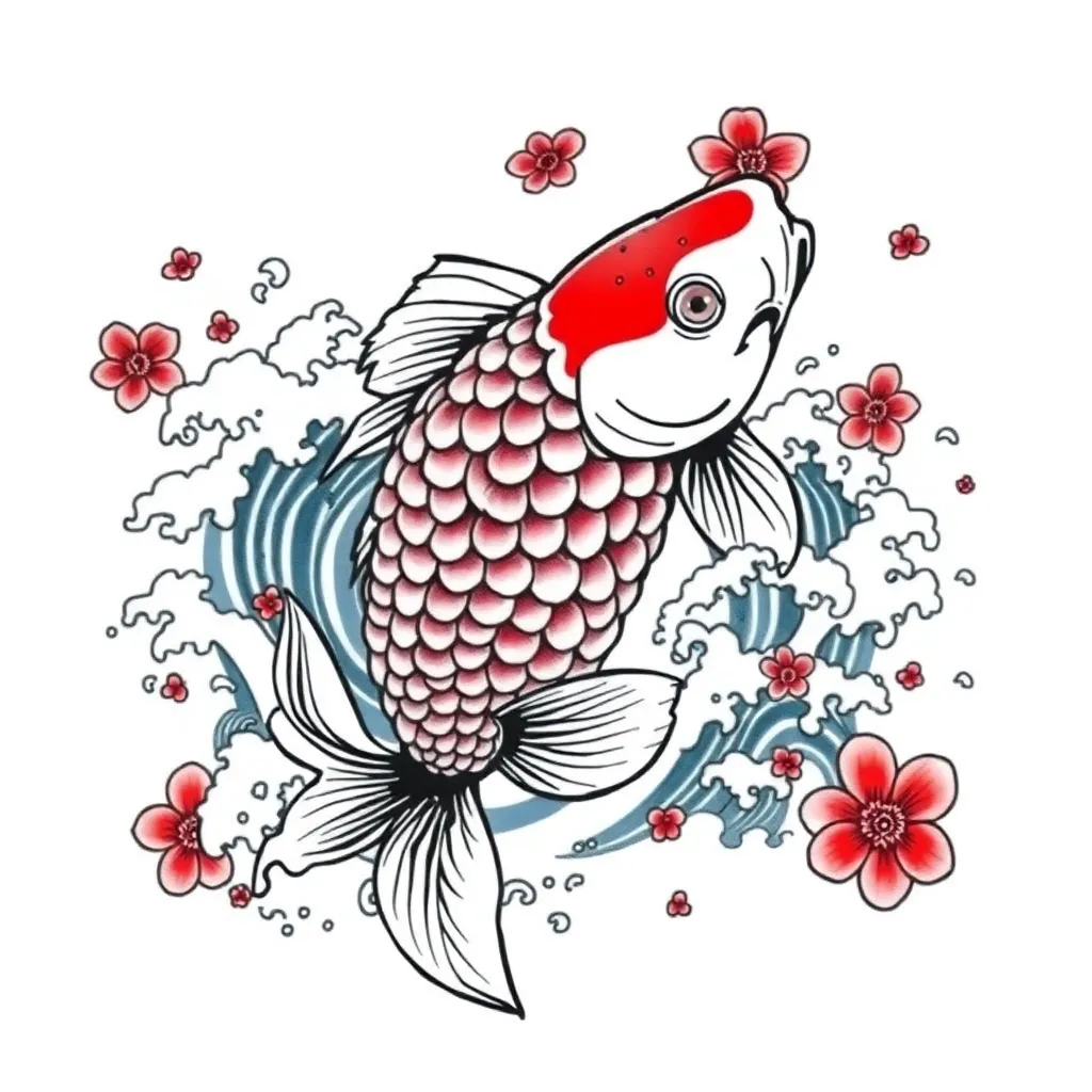 A Japanese-style ornate koi swimming upstream through crashing waves with drifting cherry blossom petals and bold traditional outlines