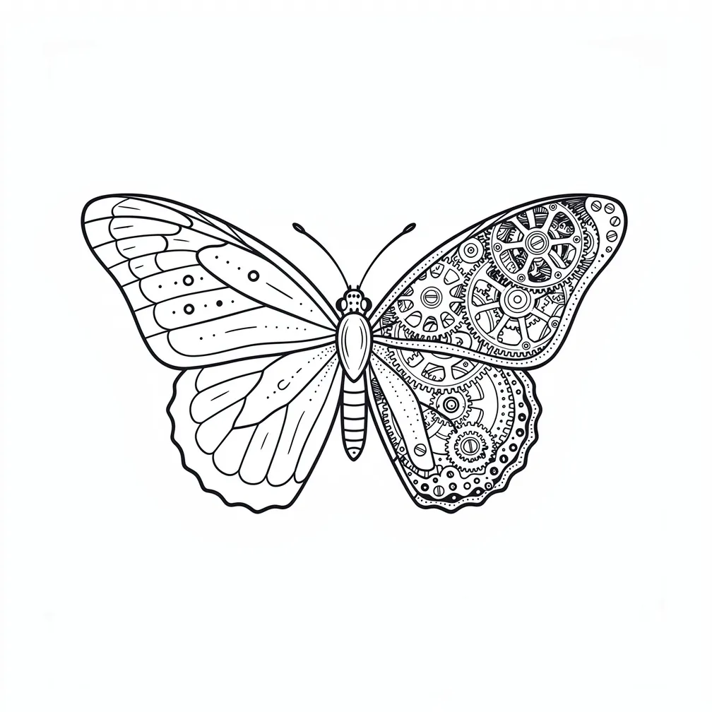 A fine-line monarch butterfly with one wing morphing into detailed clockwork gears and mechanical parts.