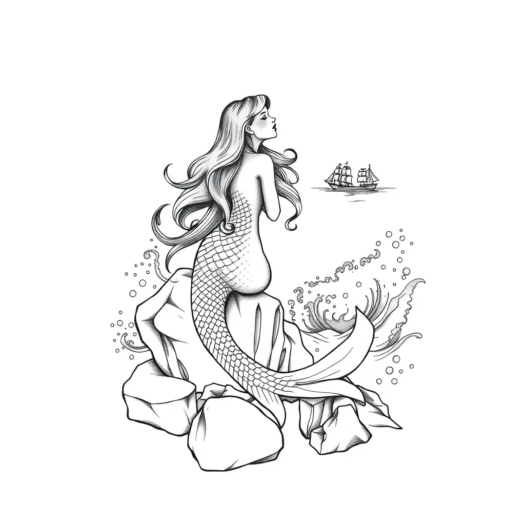Illustrative siren perched on sea rocks singing to passing ships, her tail dissolving into crashing ocean waves and spray.