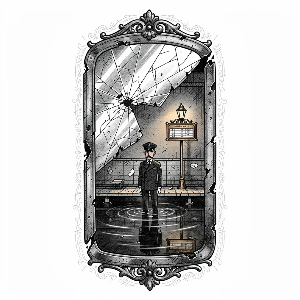 Un espejo de bolsillo ilustrativo y deslustrado con grietas como de hielo, que se abre como una cáscara para revelar un andén de tren en miniatura, submarino e iluminado por lámparas, con bancos, un r