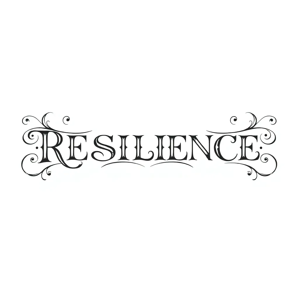 Letras decorativas ornamentadas de estilo victoriano que forman la palabra RESILIENCE, con elaboradas florituras y detalles de filigrana, en un estilo de lettering ornamental.