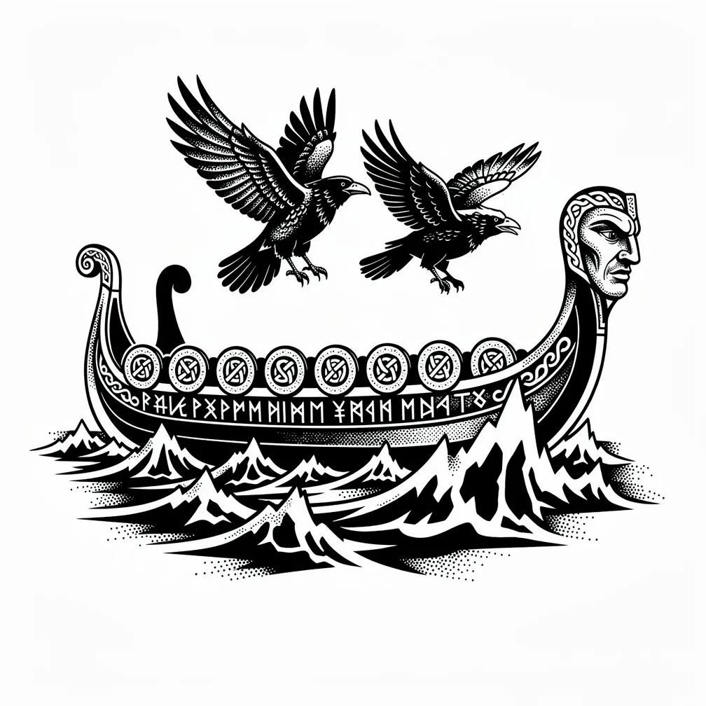 A blackwork Norse longship cutting through icy waves with Odin’s ravens flying above and runic inscriptions carved along the hull.