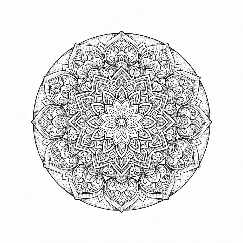 An intricate dotwork mandala with perfectly symmetrical concentric rings of geometric petals radiating outward.