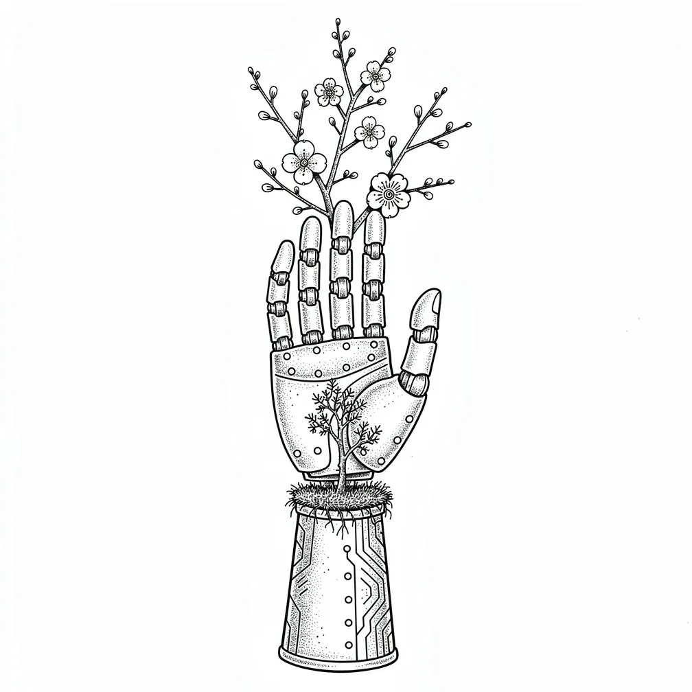 A fine-line antique prosthetic hand held palm-up, with rivets and hinges, sprouting a tiny orchard of blossoms, moss, and circuit-like roots in a vertical composition.
