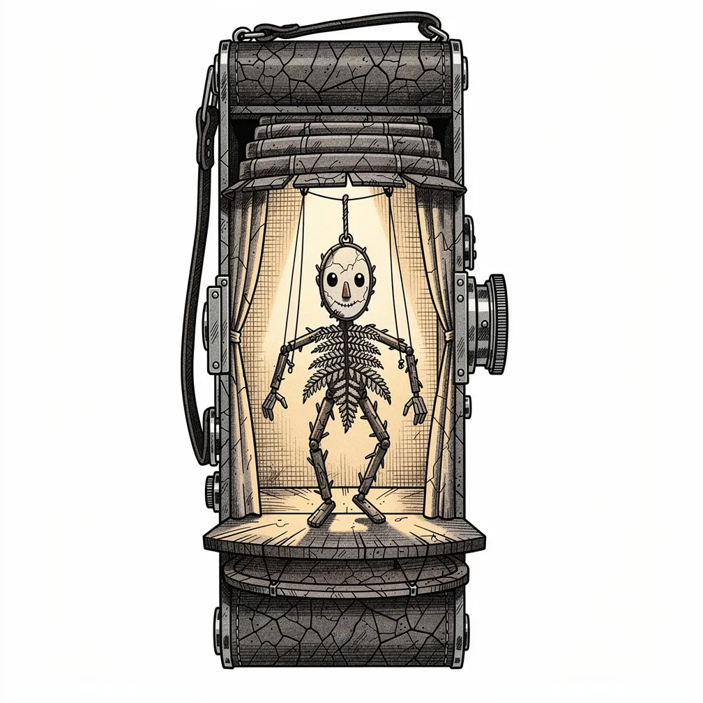 An illustrative antique folding camera opens like petals to reveal a lamp-lit tiny stage with a fern-and-twig marionette, patina details, and a shy stitched smile.