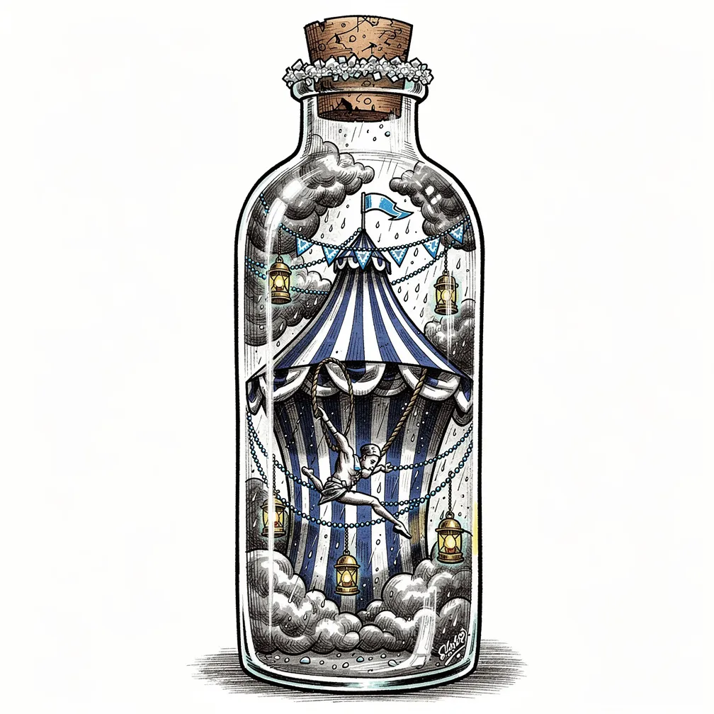 An illustrative corked glass storm-bottle containing a storm-cloud circus tent with a lightning trapeze artist, rain-bead bunting, and tiny lanterns in indigo and electric blue.