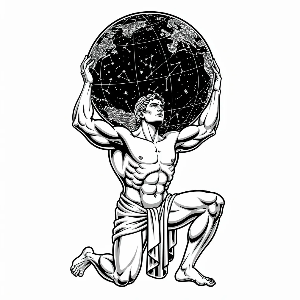 A realism tattoo of Greek god Atlas straining under a celestial globe with visible stars and constellations.