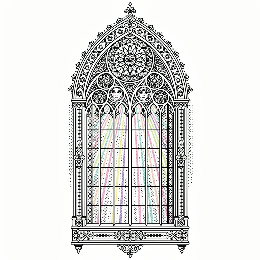 An ornamental gothic cathedral rose window with stained-glass panels and moonlight casting colorful shadows, rendered in decorative linework and vibrant color
