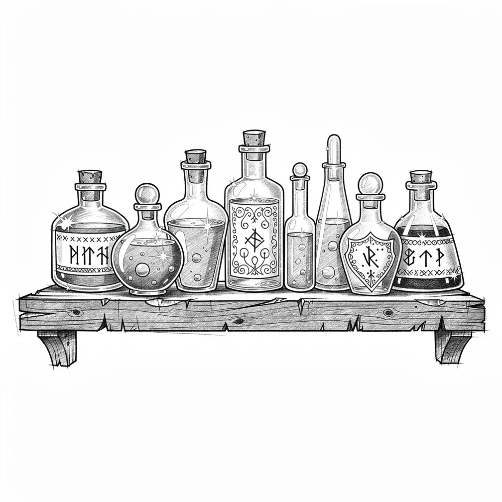 An illustrative apothecary shelf of potion bottles and flasks with mystical labels, each filled with a different glowing liquid.