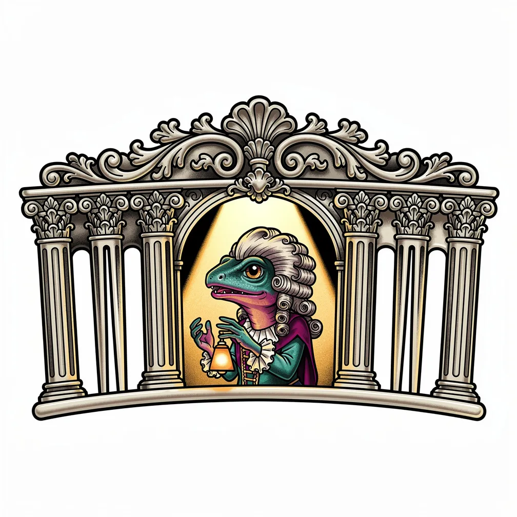 A neo-traditional whale-bone hair comb where each tooth is a Corinthian column holding a tiny stage, with a lamp-lit salamander actor in a powdered wig performing center stage.