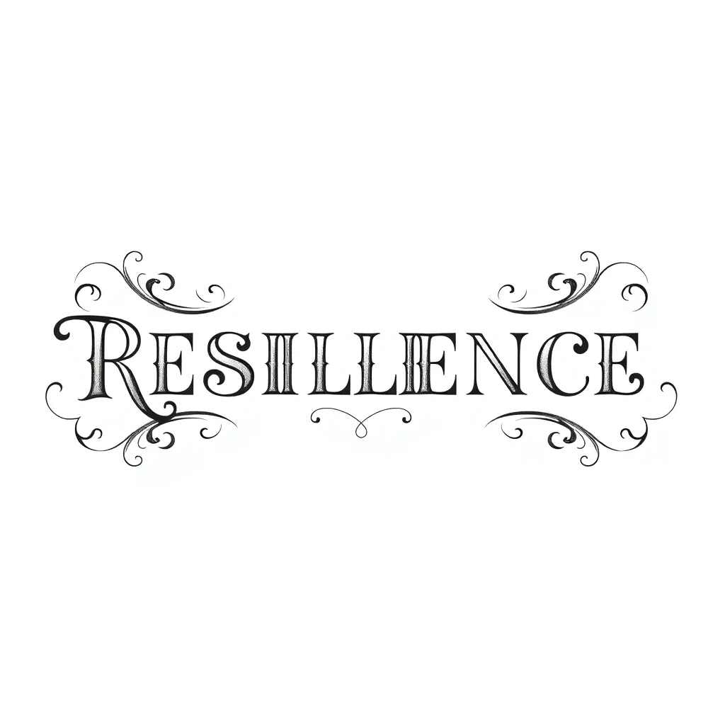 La palabra «RESILIENCE» representada con una caligrafía ornamentada de la época victoriana, con florituras decorativas y detalles de filigrana, sombreado fino y sutiles acentos dorados (estilo de rotu