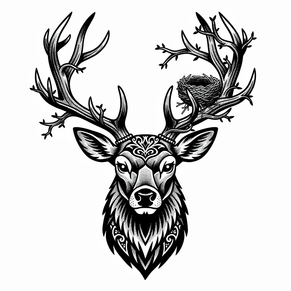 A blackwork stag with antlers formed from intertwining tree branches, with small birds nesting within the antlers.