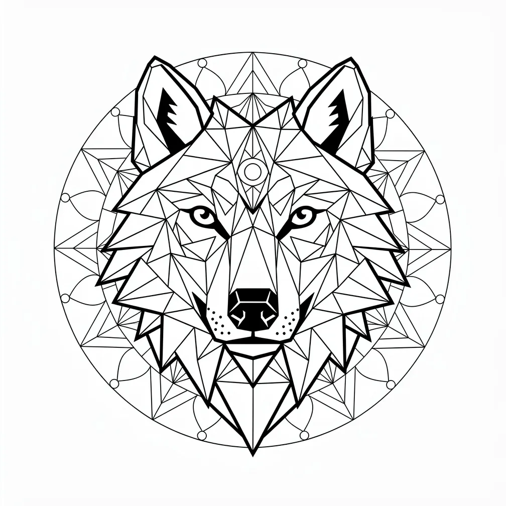 A geometric-style wolf formed from sharp triangles and angular facets, with intense piercing eyes.