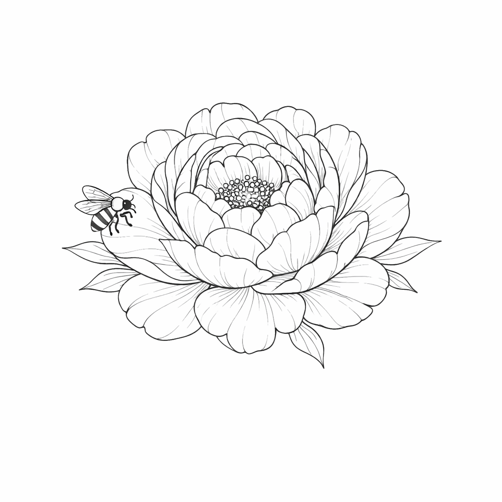 A fine-line single peony in full bloom with layered delicate petals and a small bee resting on one petal
