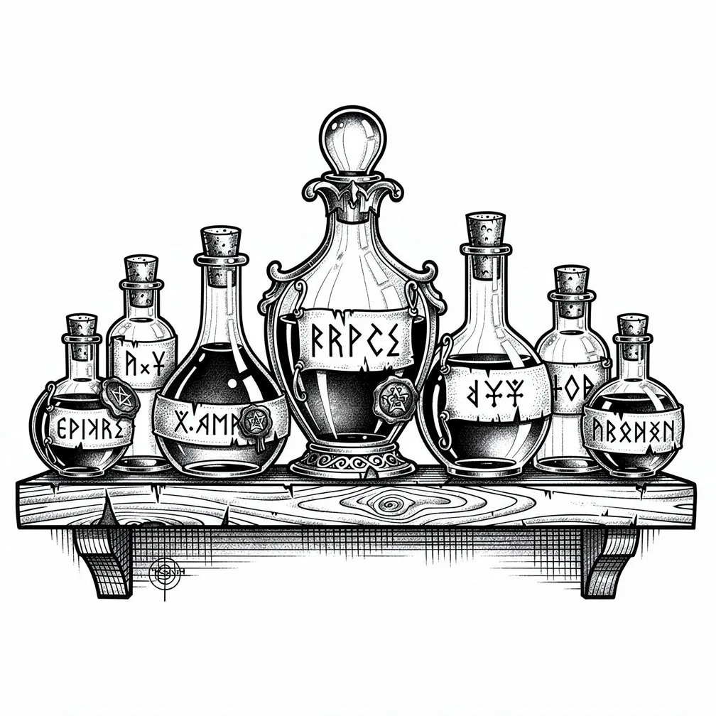 An illustrative apothecary shelf lined with potion bottles and flasks, each with mystical labels and differently glowing liquids.