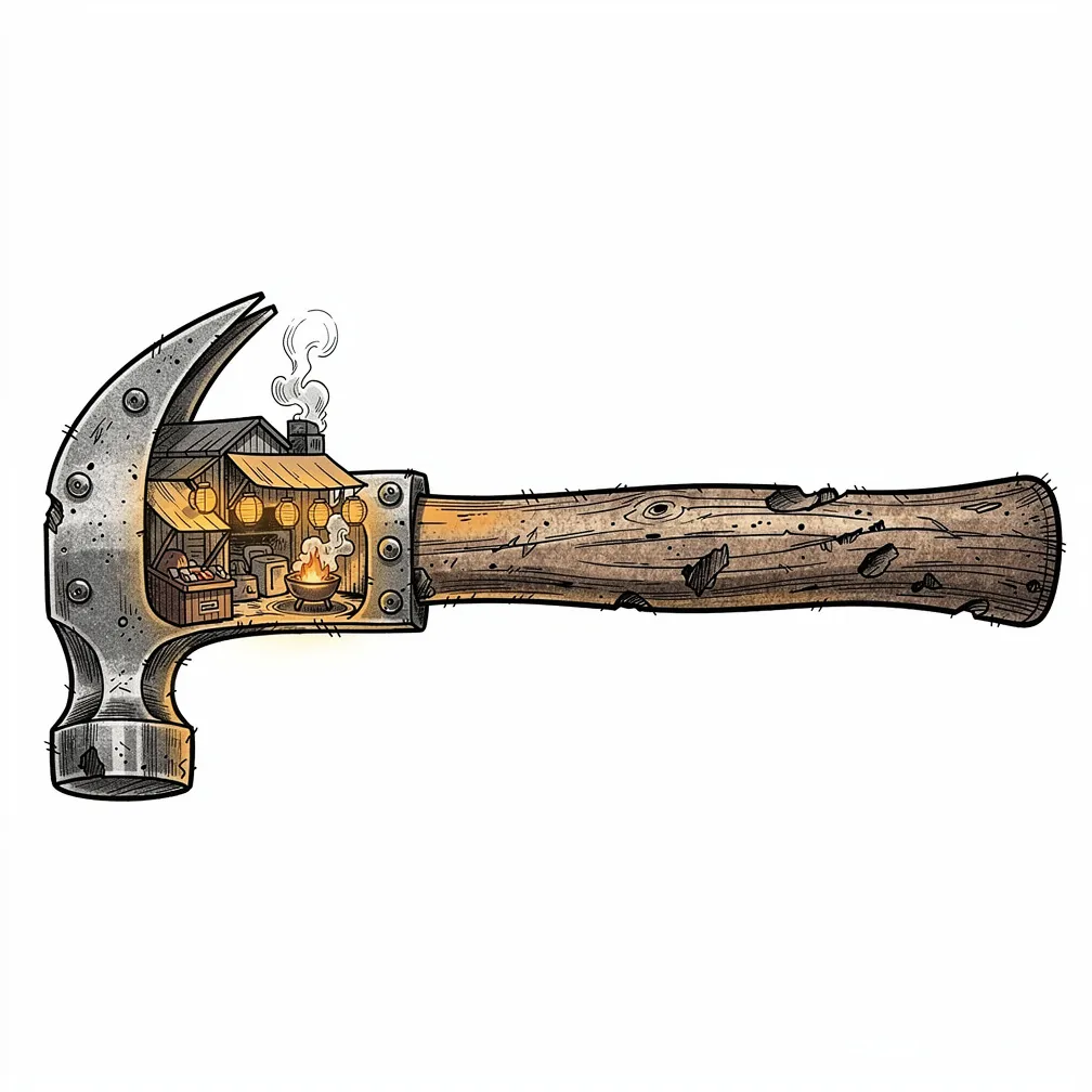 Un martillo de carpintero ilustrativo y envejecido, sostenido en horizontal, cuya cabeza partida revela un diminuto mercado nocturno iluminado por faroles, con toldos, brochetas y guirnaldas de luces.