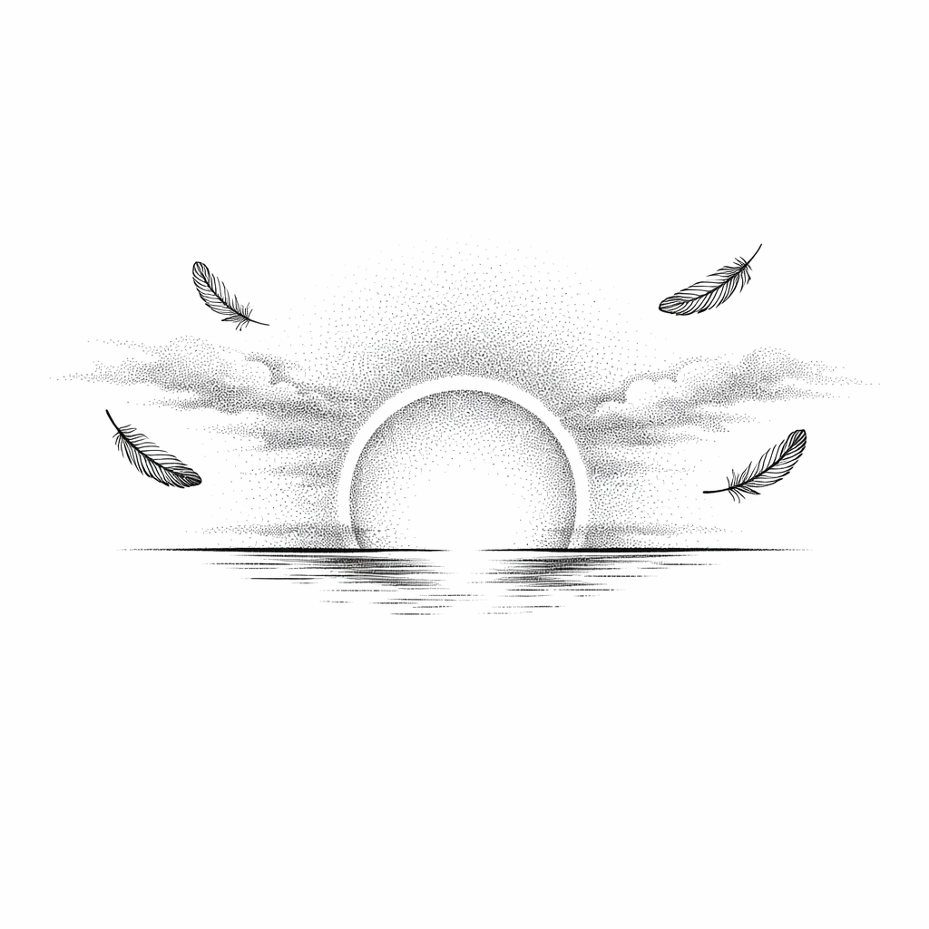 A fine-line minimalist dawn horizon: a rising sun ring above soot-soft clouds with delicate feather silhouettes and generous negative space