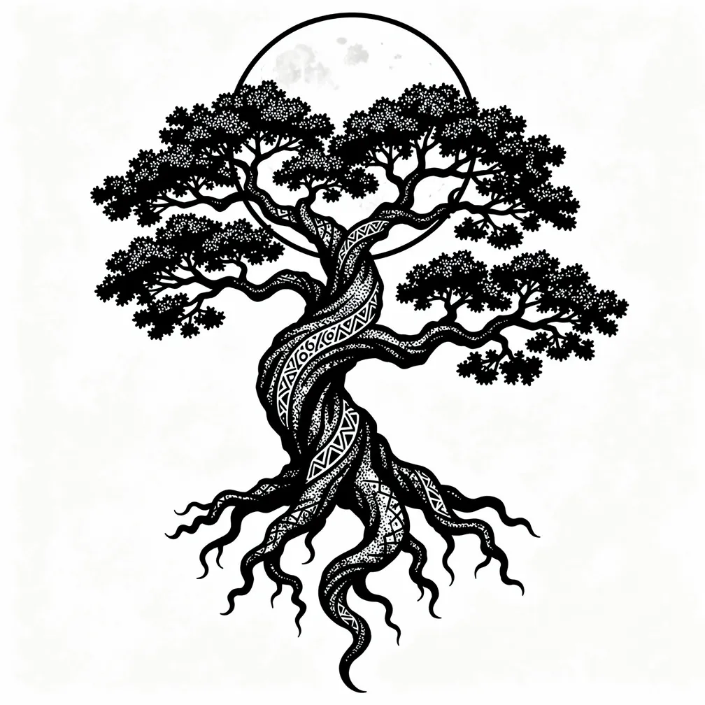 A blackwork gnarled ancient oak with exposed deep roots and a full moon shining through twisted branches.