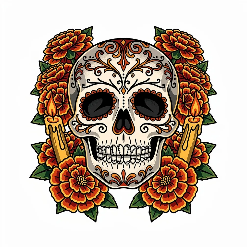 A neo-traditional Day of the Dead sugar skull with marigolds, candles, and ornate filigree patterns across the face.