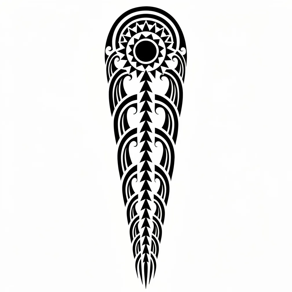 A Polynesian tribal sleeve of solid black patterns combining ocean waves, shark-tooth motifs, and sun symbols in a flowing composition.