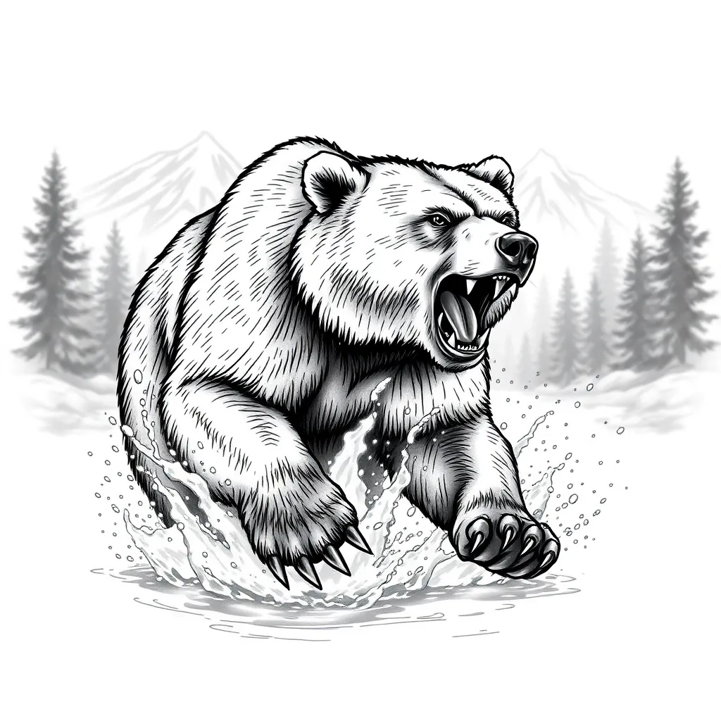 Realistic grizzly bear standing in a mountain stream, water splashing around its paws with pine forest and distant peaks in the background