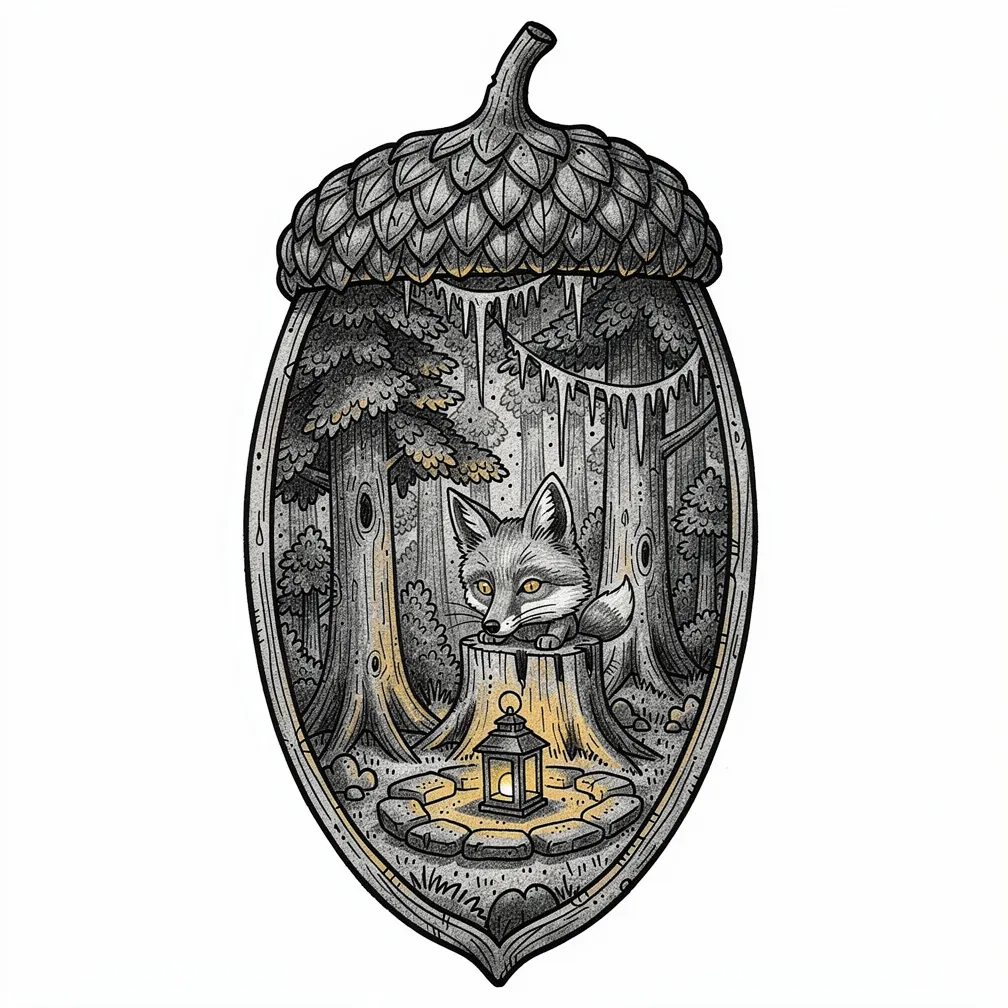 An illustrative acorn split open to reveal a miniature old-growth forest with a stone circle and lantern-lit stump where a small fox perches.