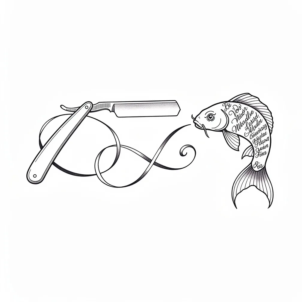 A fine-line vintage straight razor whose blade unspools into a black ink ribbon that forms a leaping koi made of calligraphic script and tiny letters.