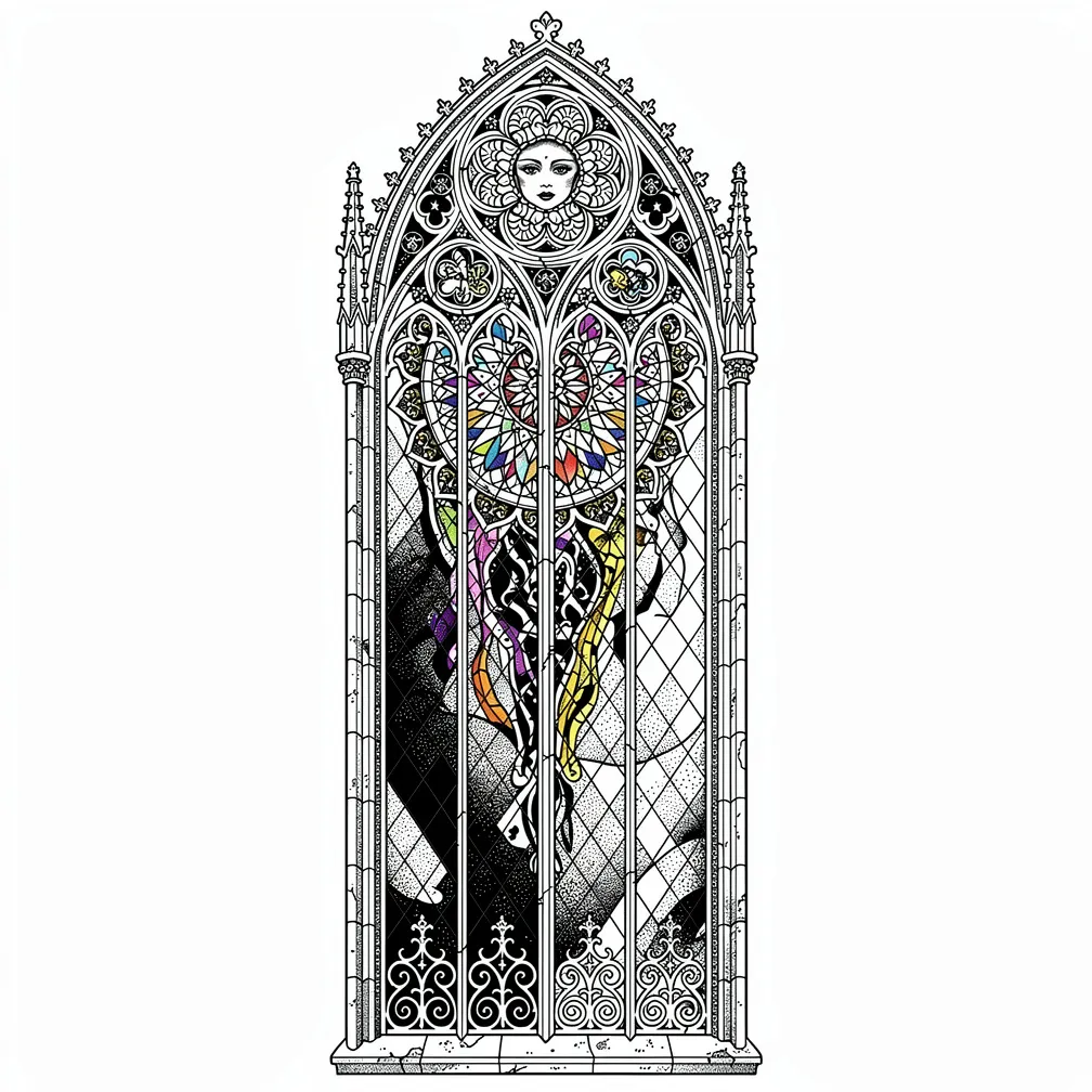 An ornamental gothic cathedral window with rose tracery and moonlit stained glass casting jewel-toned shadow shapes.