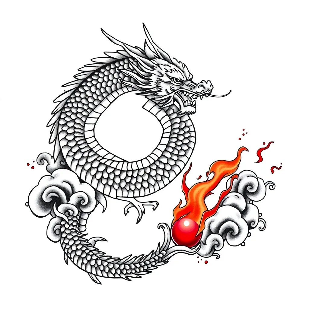 Japanese-style Chinese dragon spiraling through clouds with long whiskers and claws gripping a flaming pearl in traditional bold colors.