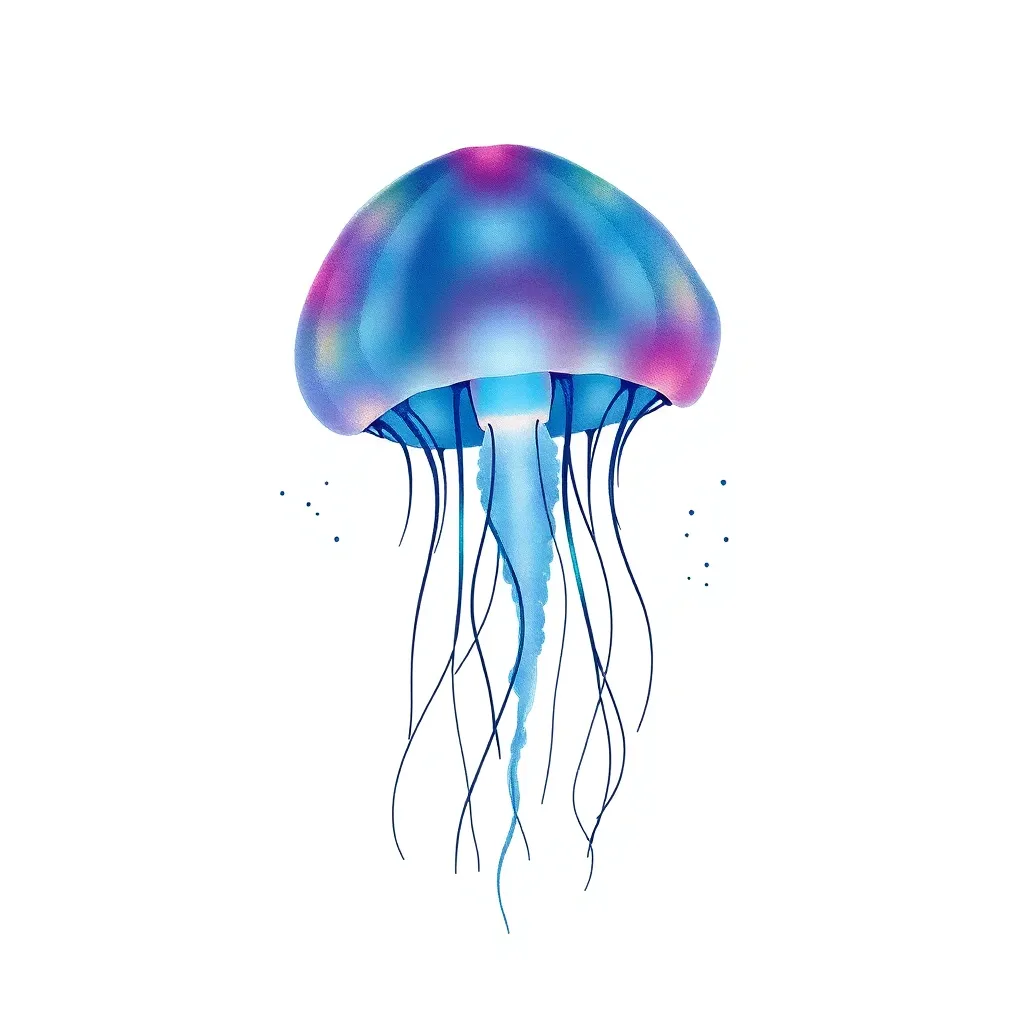 A watercolor-style bioluminescent jellyfish drifting in deep ocean darkness with long luminous tentacles and tiny particles of light around it.