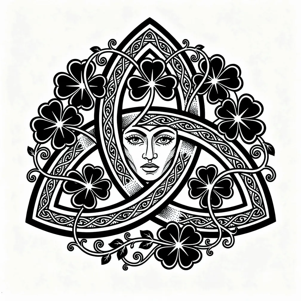 A blackwork Celtic trinity knot woven with shamrocks and intertwining ivy vines, each strand rendered in precise knotwork and bold black lines.