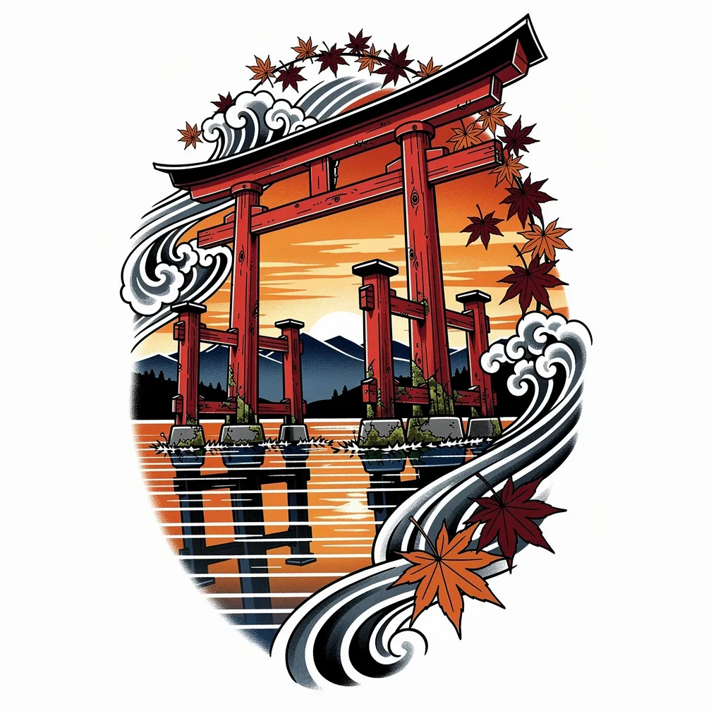 Un torii de estilo japonés de pie sobre agua quieta al atardecer, con montañas a lo lejos y hojas de arce cayendo, representado en tonos cálidos