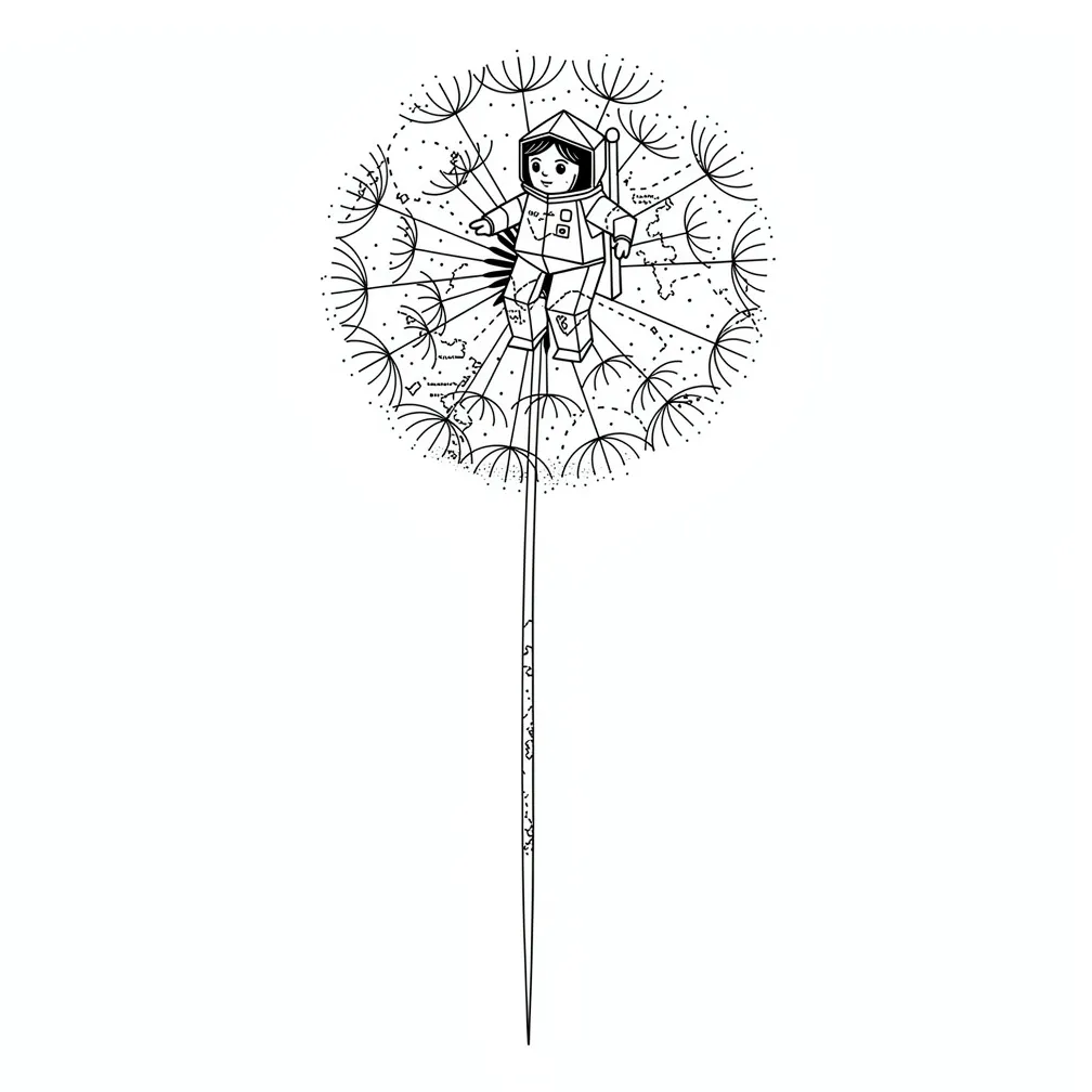 A fine-line oversized dandelion seed with constellations and faint map-lines stitched into the filaments, with a tiny origami astronaut clinging to the tuft.